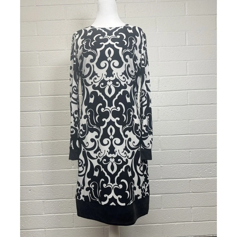 Caché Women's Dress Size 8 Black White Damask Print Sheath Long Sleeve Stretch 8